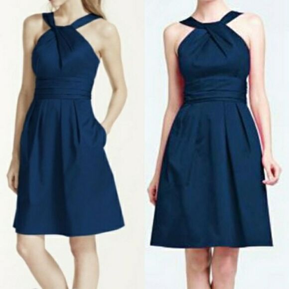 David's Bridal Twist Y-neck Halter Mini Fit & Flare‎ Dress Pockets Navy Sz 2 - Picture 10 of 10